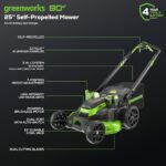 Greenworks 80V 25″ Brushless Cordless (Self-Propelled) Dual Blade Lawn Mower (LED Headlight + Aluminum Handles), 4.0Ah Battery and Rapid Charger Included