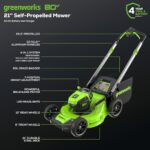 Greenworks 80V 21″ Brushless Cordless (Self-Propelled) Lawn Mower (LED Headlight + Aluminum Handles), 4.0Ah Battery and Rapid Charger Included (75+ Compatible Tools)