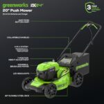 Greenworks 2 x 24V 20″ Brushless Cordless (Push) Lawn Mower + Blower (320 CFM) + 12″ String Trimmer, (2) 5.0Ah Batteries and Charger Included (125+ Compatible Tools)