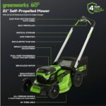 Greenworks 60V 21” Cordless (Self-Propelled) Lawn Mower (LED Lights + Aluminum Handles), 2 x 4.0Ah Batteries and Dual Port Rapid Charger